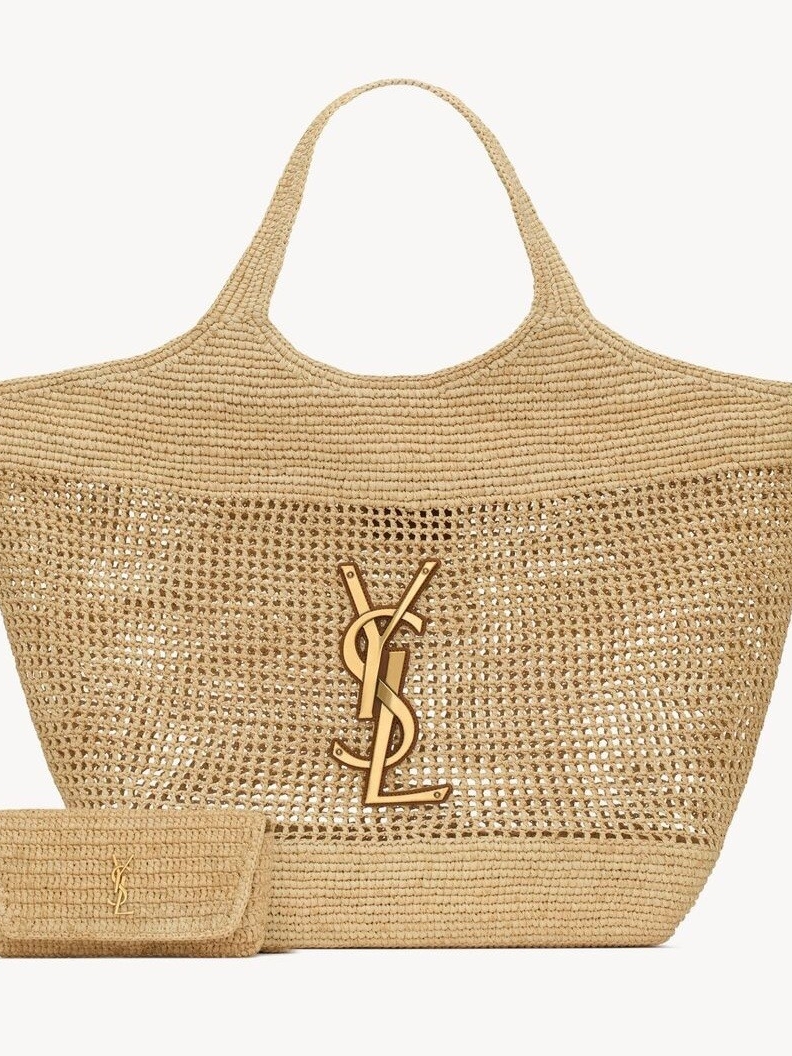 New Saint Laurent Beige Raffia Tote With Gold Logo Amazing Bag!